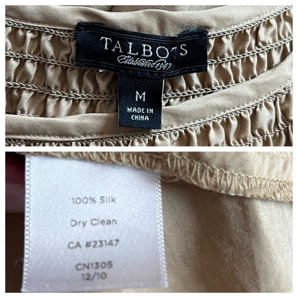 Talbots Dress Smocked Blouson Waist Tan 100% Silk Short Sleeve Women’s Medium M - Picture 11 of 12